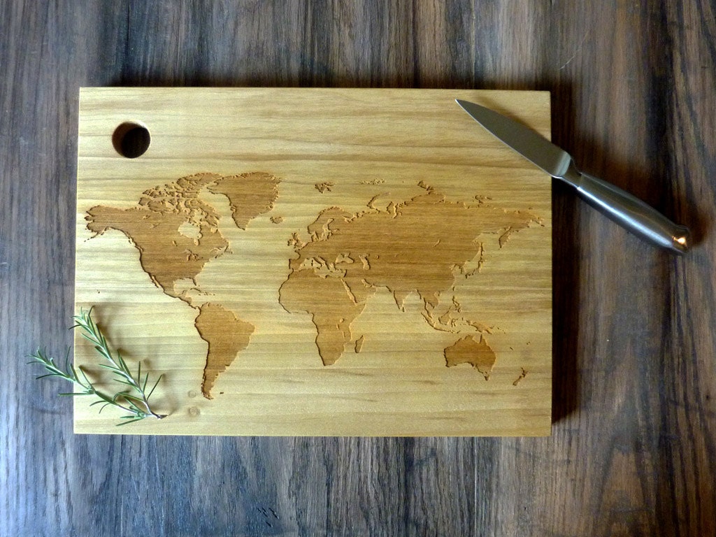 13" x 9.5" World Map Cutting Board - Rustic, Modern Wooden Design