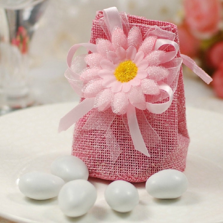 50pcs Handmade Hessian Fabric Wedding Favor bags with flower , Wedding