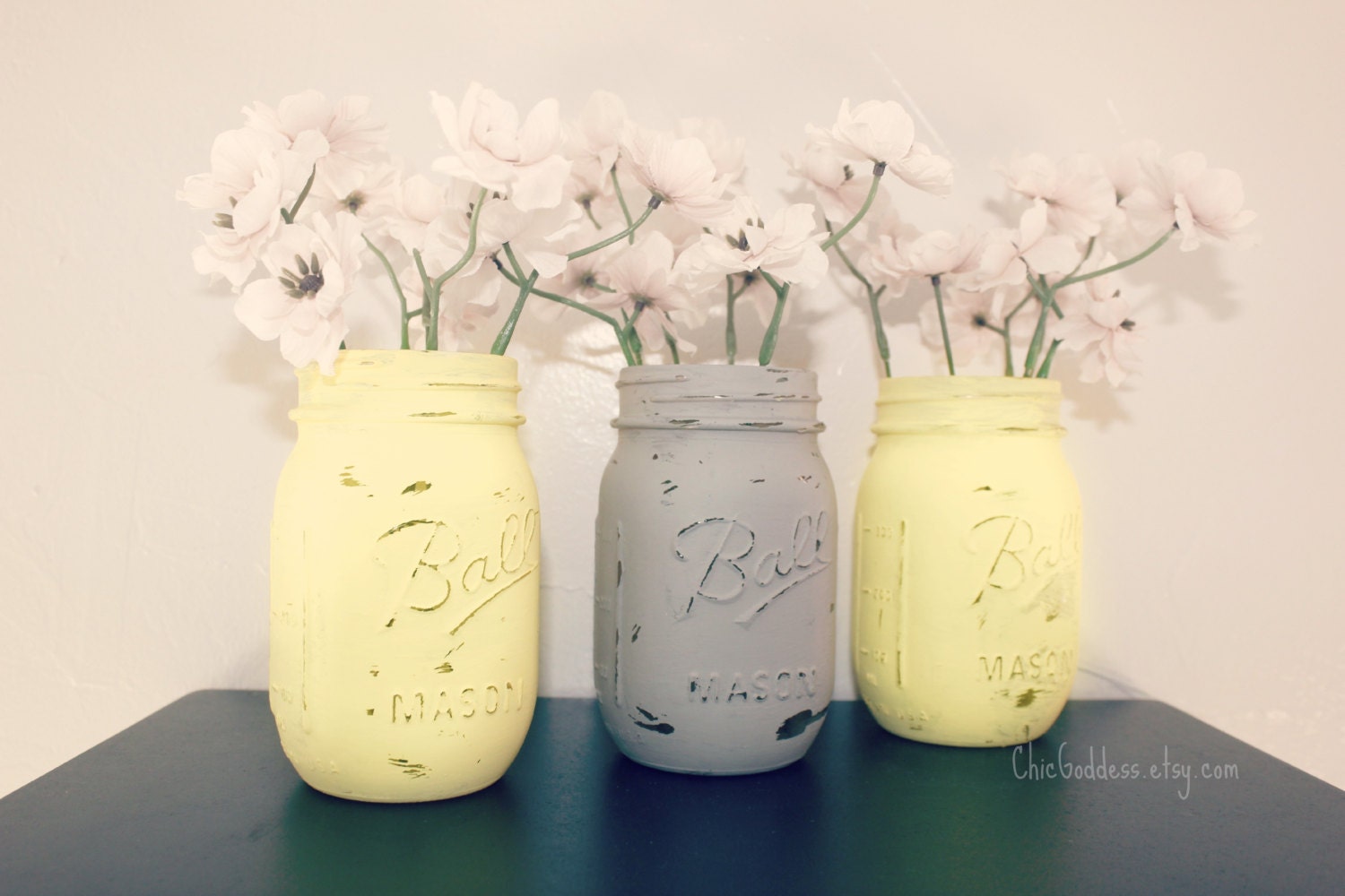 ON SALE Yellow and Gray Wedding Decor,3 Mason Jars,Nursery Decor,Summer Wedding,Centerpiece,Ceremony Decor,Table Centerpiece