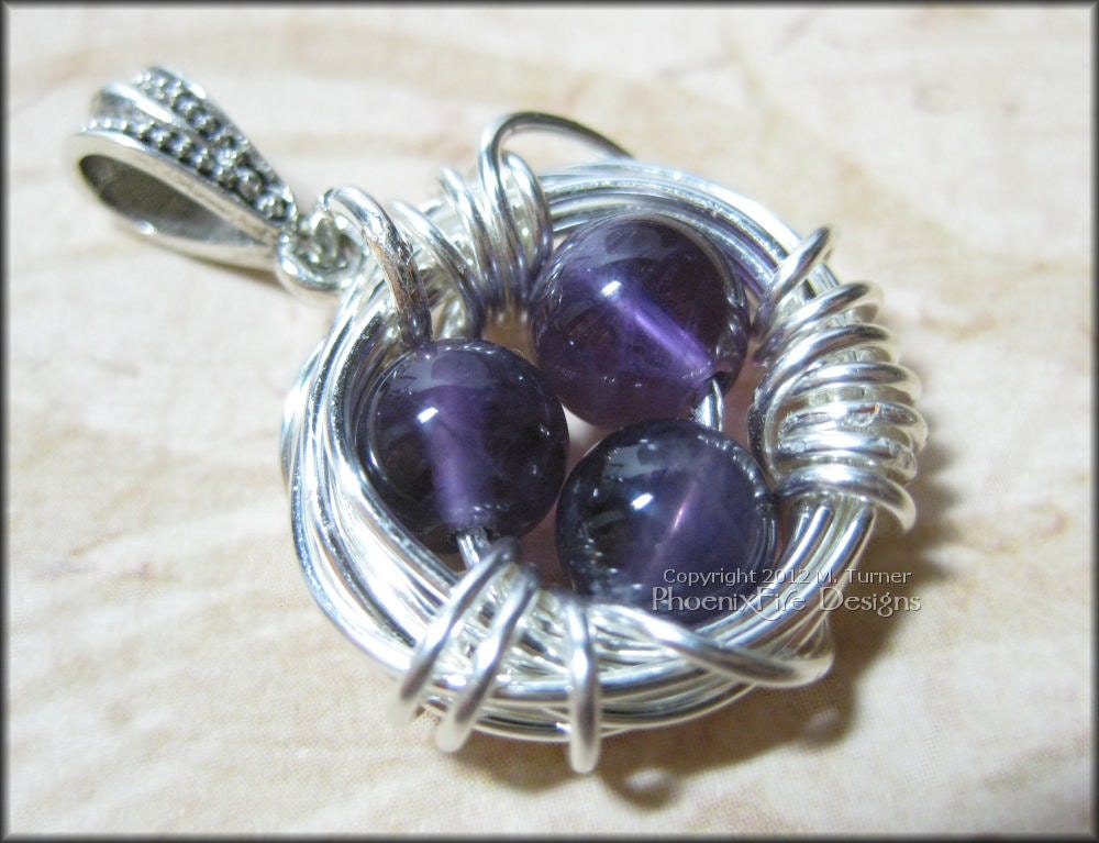 Bird Nest Pendant with Amethyst Eggs in Sterling Silver Wire Wrapped February Birthstone