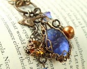 Vintage Tooled Brass "Gypsy Flight" Art Glass Filigree Necklace