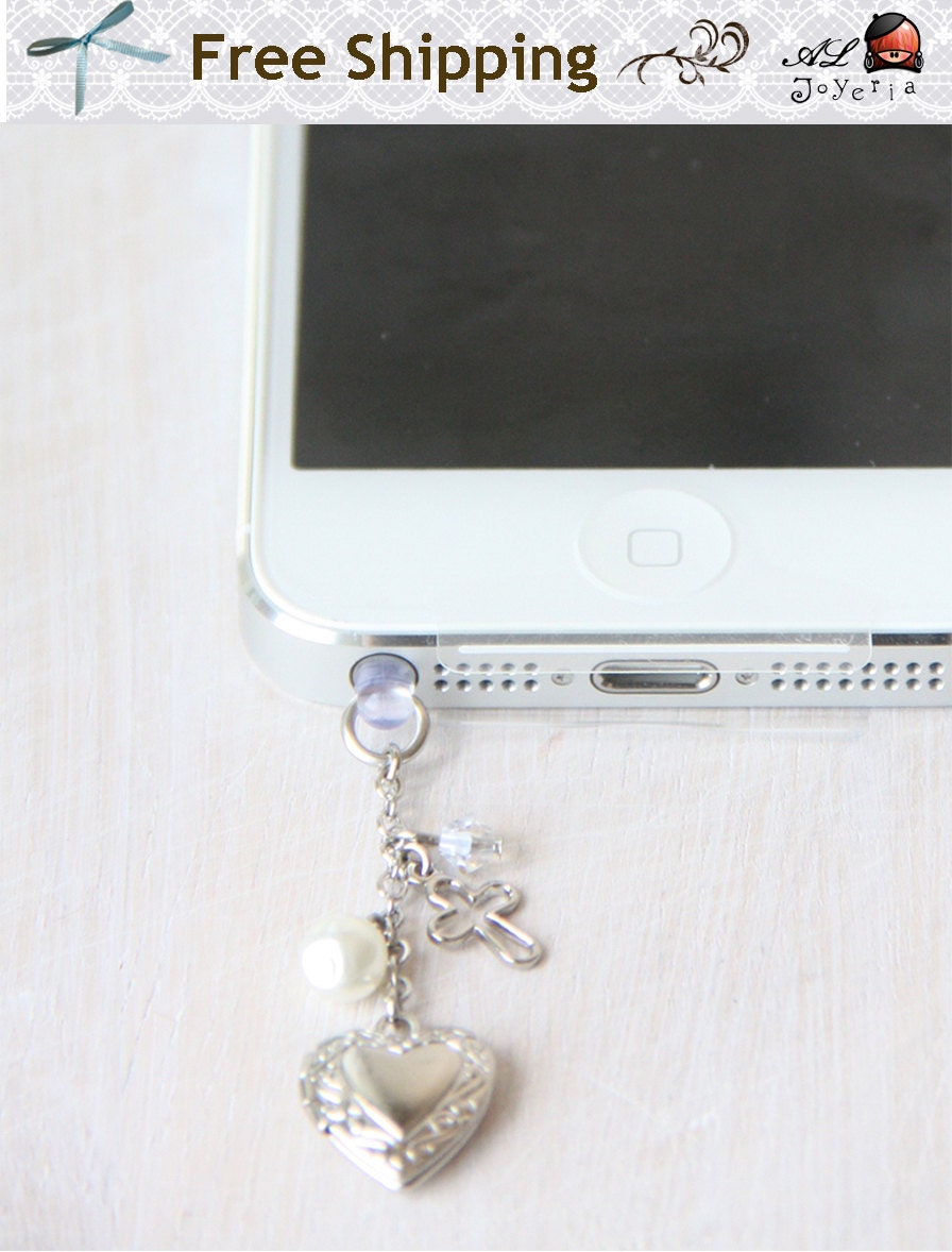 iPhone Dust Plug. Silver Cross and Heart Locket Cell Phone Charm. iPhone Accessories. Baptism Gift. iPhone Earphone Plug.  Free Shipping.