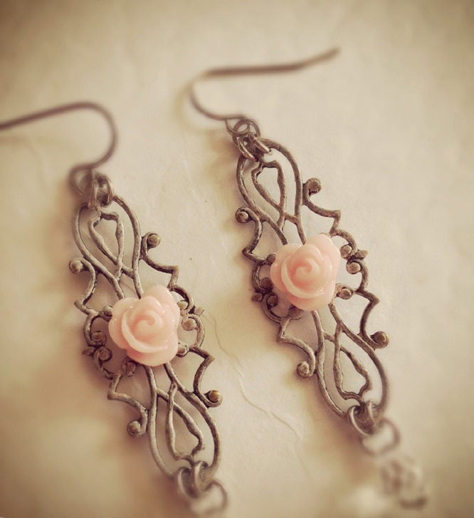 Shabby Chic Filigree Earrings. Flower Dangle Earrings with Swarovski Crystal. Gift for her. Surgical Steel Earrings