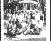 vintage photo snapshot photo retro Julie 1957 Camp w Teenage Girls by Bus