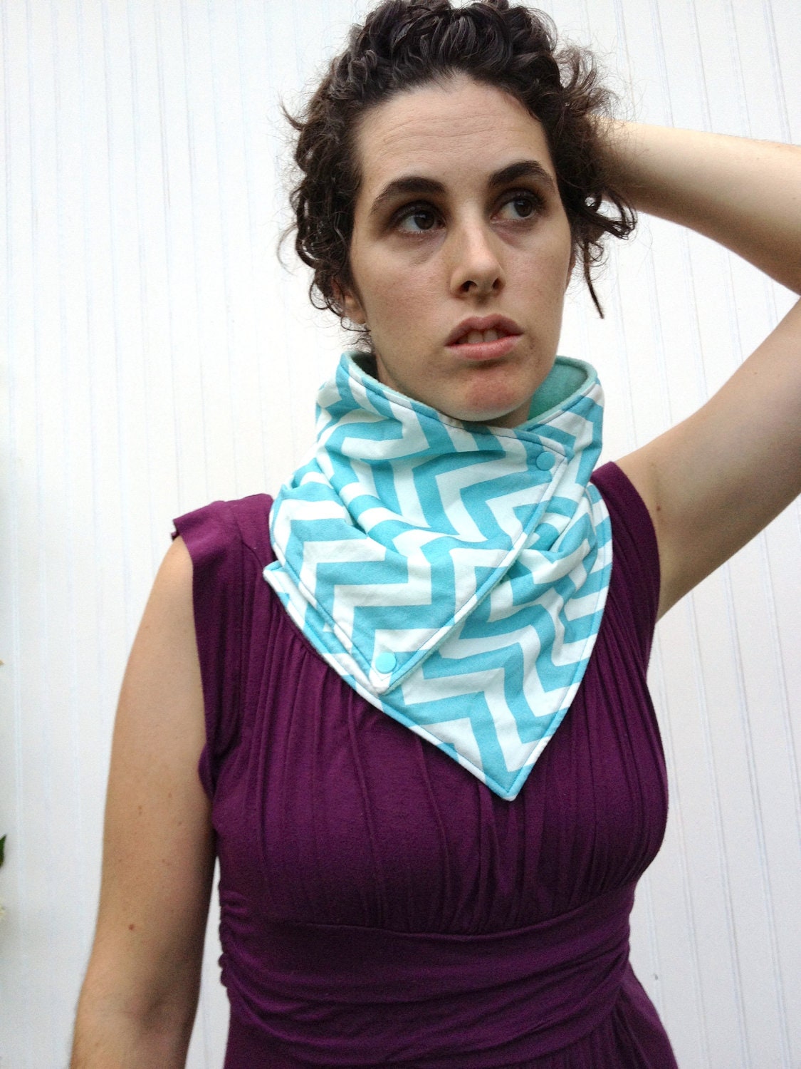 Teal Chevron Cowl Scarf, Cotton with Sea Green Polartec Fleece