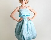 1960s Party Dress - Vintage Powder Blue Floral Brocade Teardrop Skirt Dress - Small Medium - zwzzy
