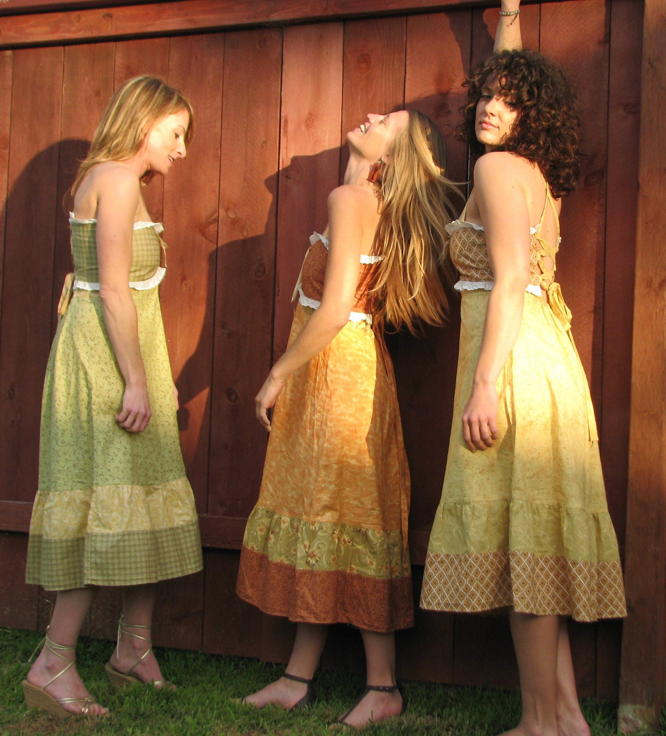 SALE Eyelet Hippie Dress Gold Cotton Yellow Lace Open Back Patchwork Country Chic Retro Skirt Designer elyse oRiGiNaLs SIGNATURES