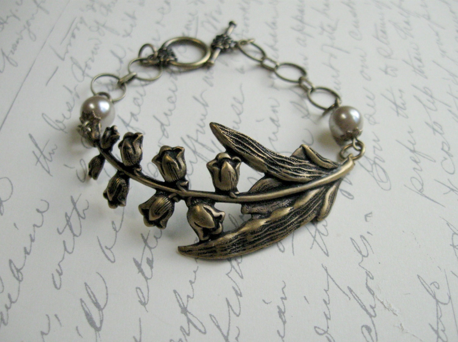 Lily of the valley flower bracelet, brass - nature jewelry, woodland
