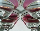 Vintage Cocktail Glasses, Manhattan & Whiskey Sours, Old Fashions, 4 Raseberry lined Glasses, Gold Trim