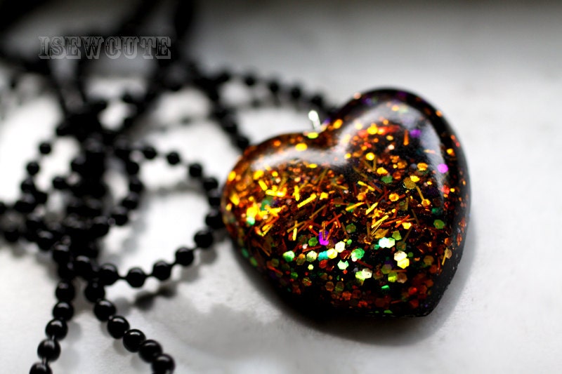 Harvest Time Jewelry Resin Heart Orange Amber, Gold, & Black Sparkly Resin Pendant Necklace