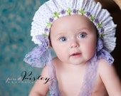 LULLABY Bonnets in soft purple, pink, creme, yellow, vintage blue for photo props and infant photography