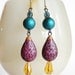 Teal Plum Beaded Earrings Long Vintage Bead Dangles Purple Blue Amber Victorian Jewelry
