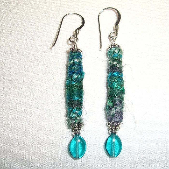 Turquoise Earrings, Fiber Jewelry, Lightweight Textile, Handmade, Teal