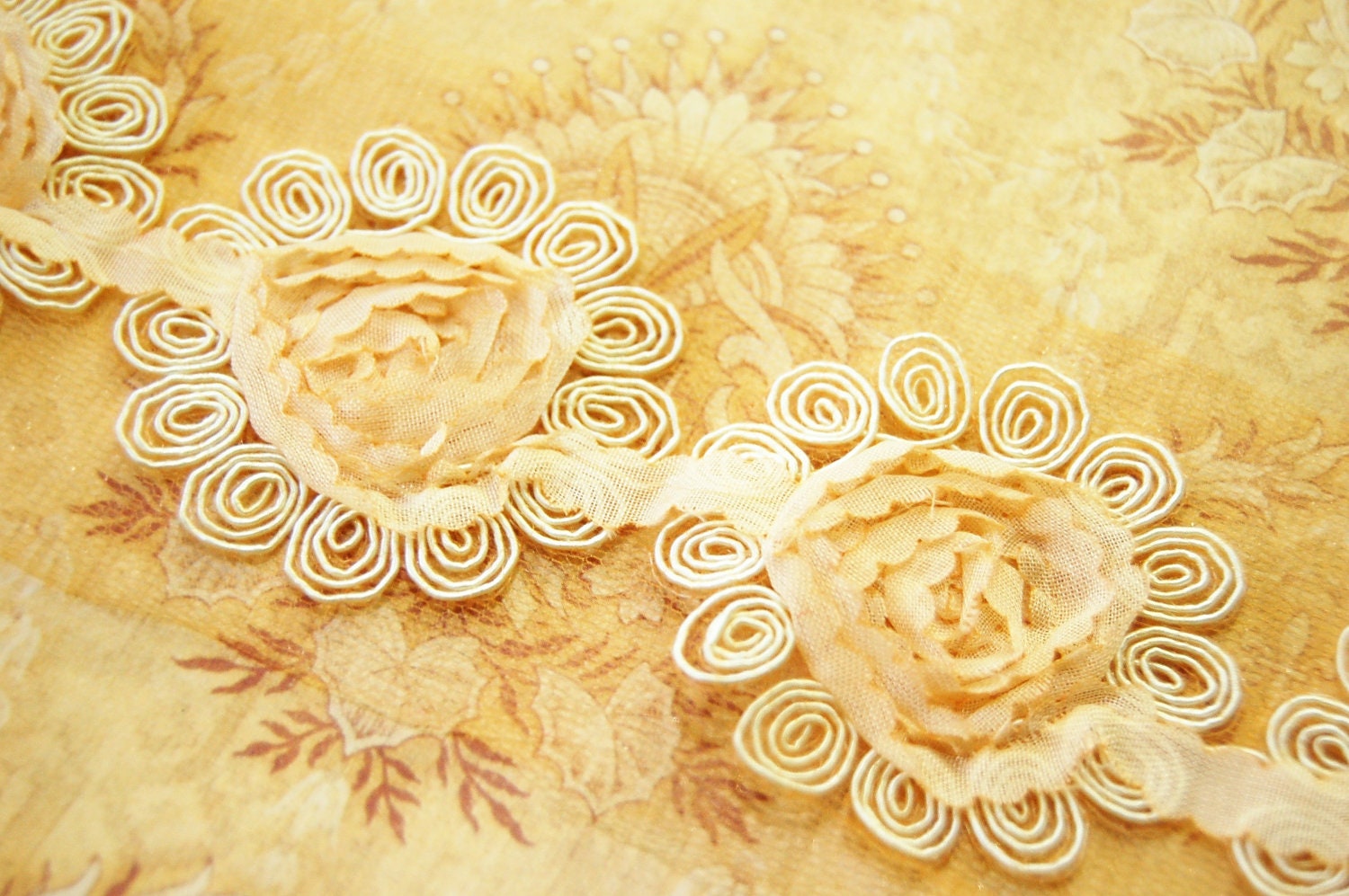 1/2 yd BUTTERCUP Chiffon Ruffled Rosettes with Soutache Cord - 7 Flowers