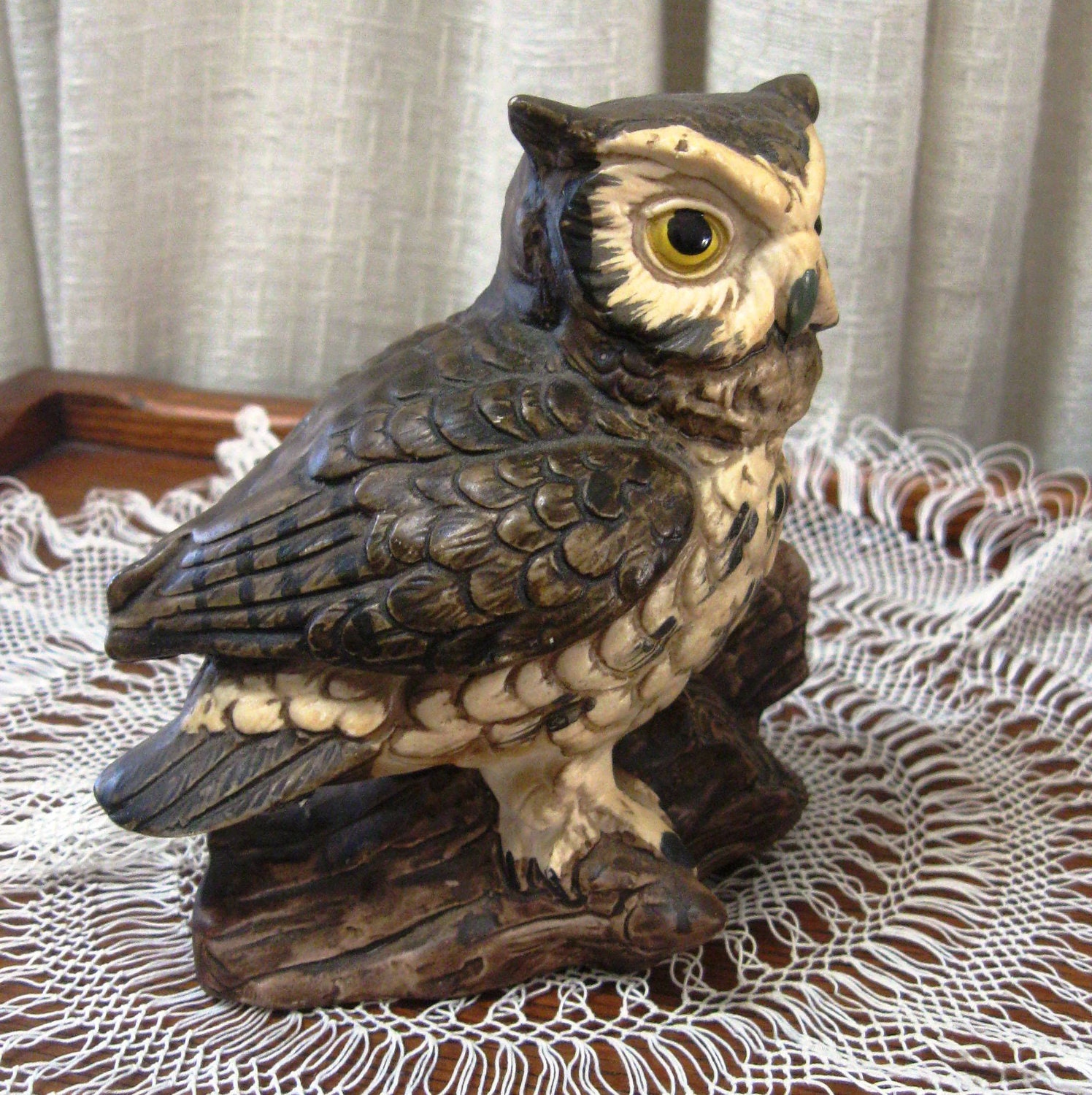 Vintage Owl Figurine Horned Owl Brown Tan 1980s