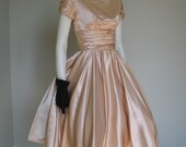 Vintage 1950s Fit N Flare Champagne Satin Party Dress B 38 - LessThanPerfect