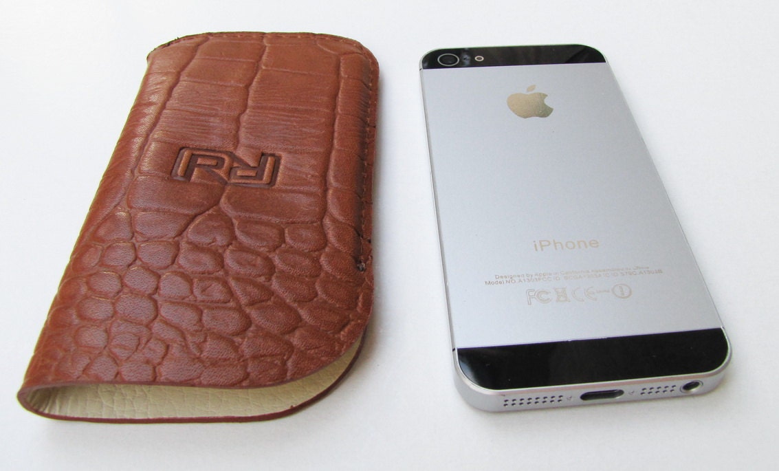 PERSONALIZED iPhone 5 Case in Premium Selection, Croc Print, British Tan Calfskin. Leather Lining.  HANDMADE UNIQUE Case