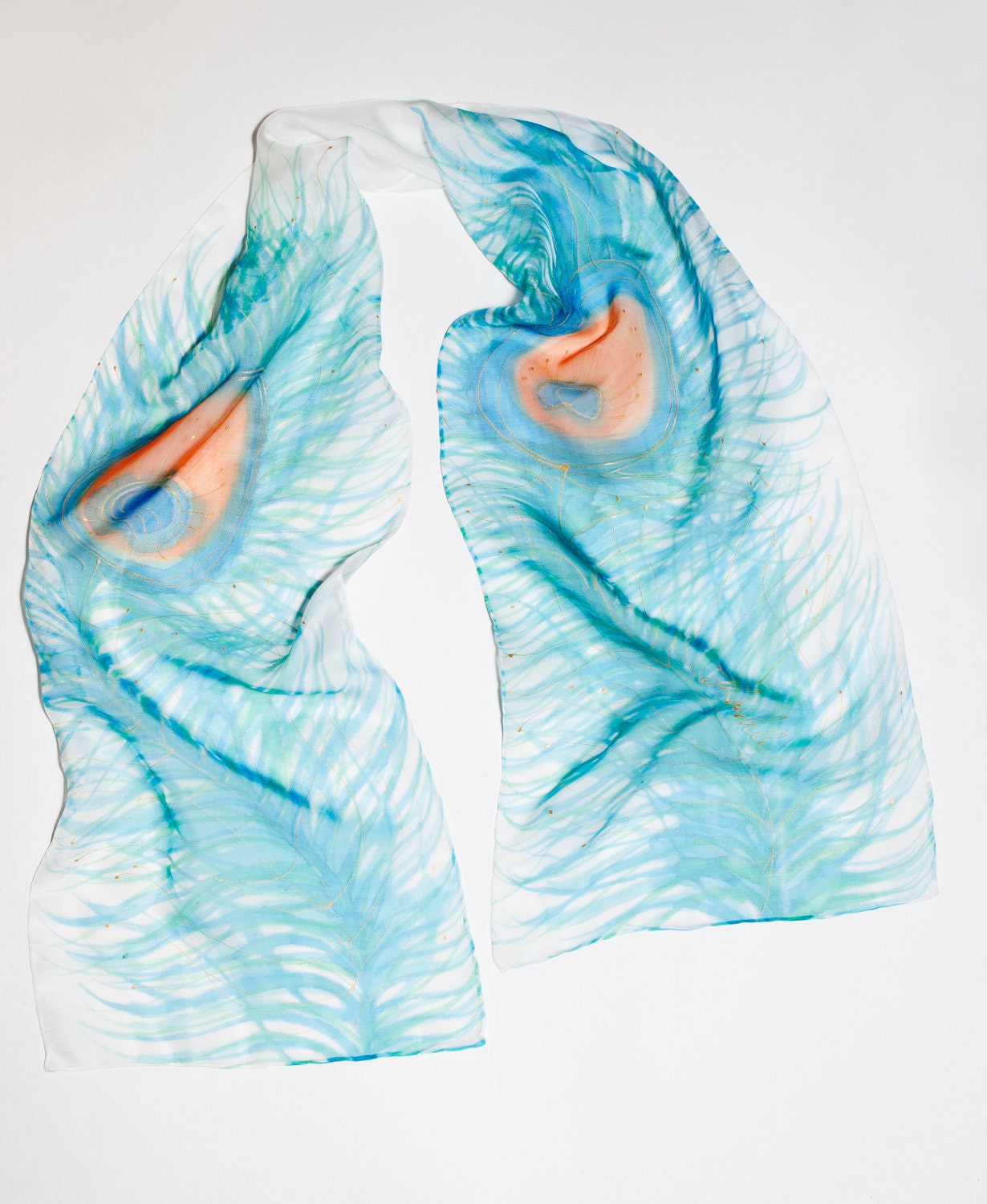 Wedding Hand Painted Silk Chiffon Scarf  Peacock Feathers White Blue Turquoise Orange  Fashion Present Luck Love  READY TO SHIP