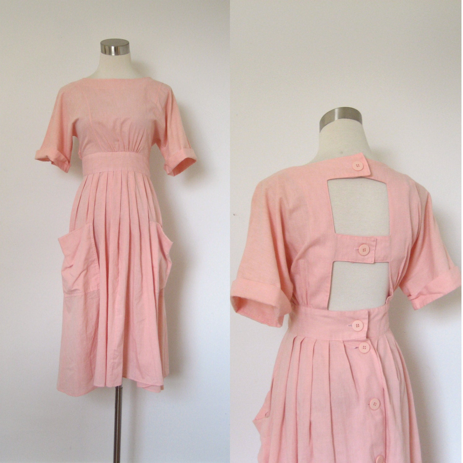 Backless Dress / 1980s Pale Pink Sundress / Cutouts (small S)