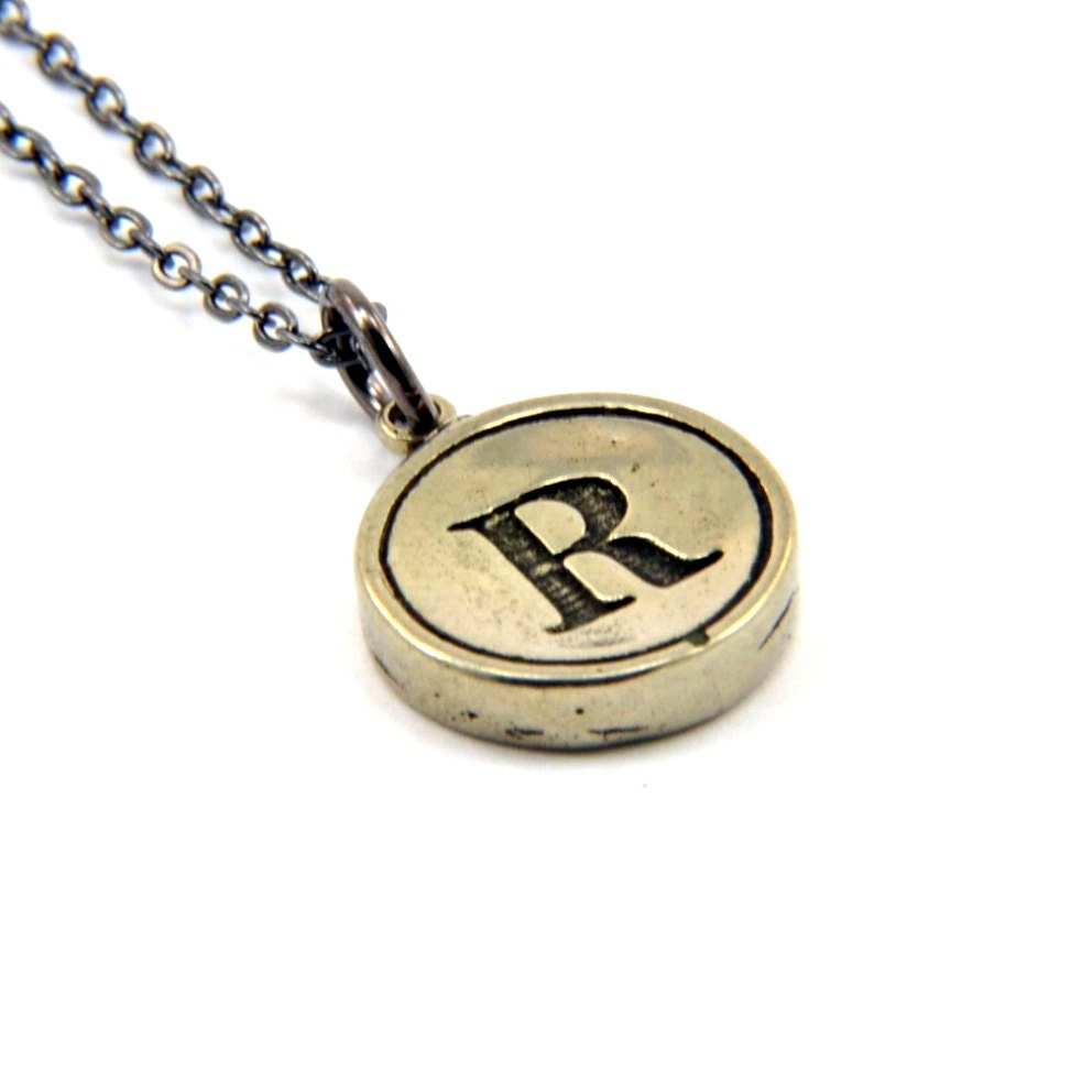 Letter R Charm Necklace - White Bronze Initial Typewriter Key Charm Necklace - Gwen Delicious Jewelry Design