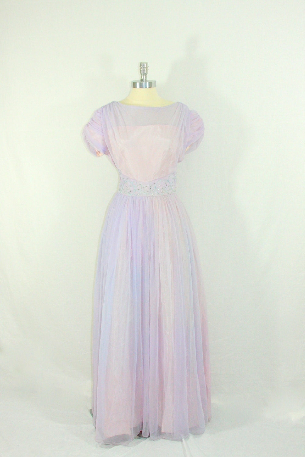 Vintage 1960's Long Dress - Lavender Chiffon Flowing Illusion Bust Ruched Sleeves Formal Gown