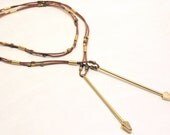 Leather Necklace Tribal Arrow Gold and Leather Lariat Necklace- Tan Leather, beaded long necklace