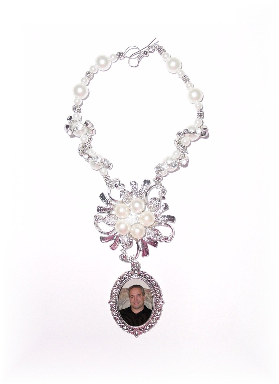 Wedding Bouquet Memorial Photo Oval Metal Charm Crystal Gems Pearls Silver Tibetan Beads - FREE SHIPPING