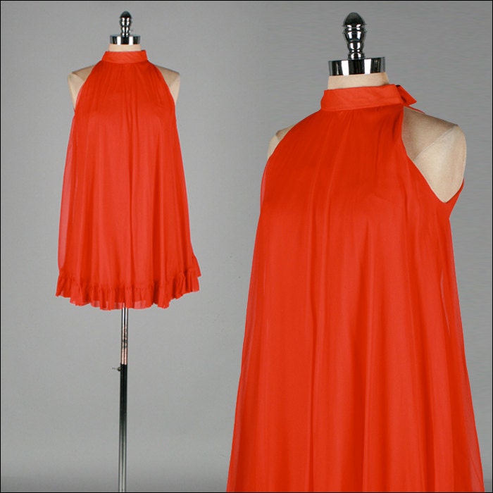 r e s e r v e d /// Vintage 1960s Dress . Orange Chiffon . Ruffle . Mini . Mod . XS/S/M . 1807