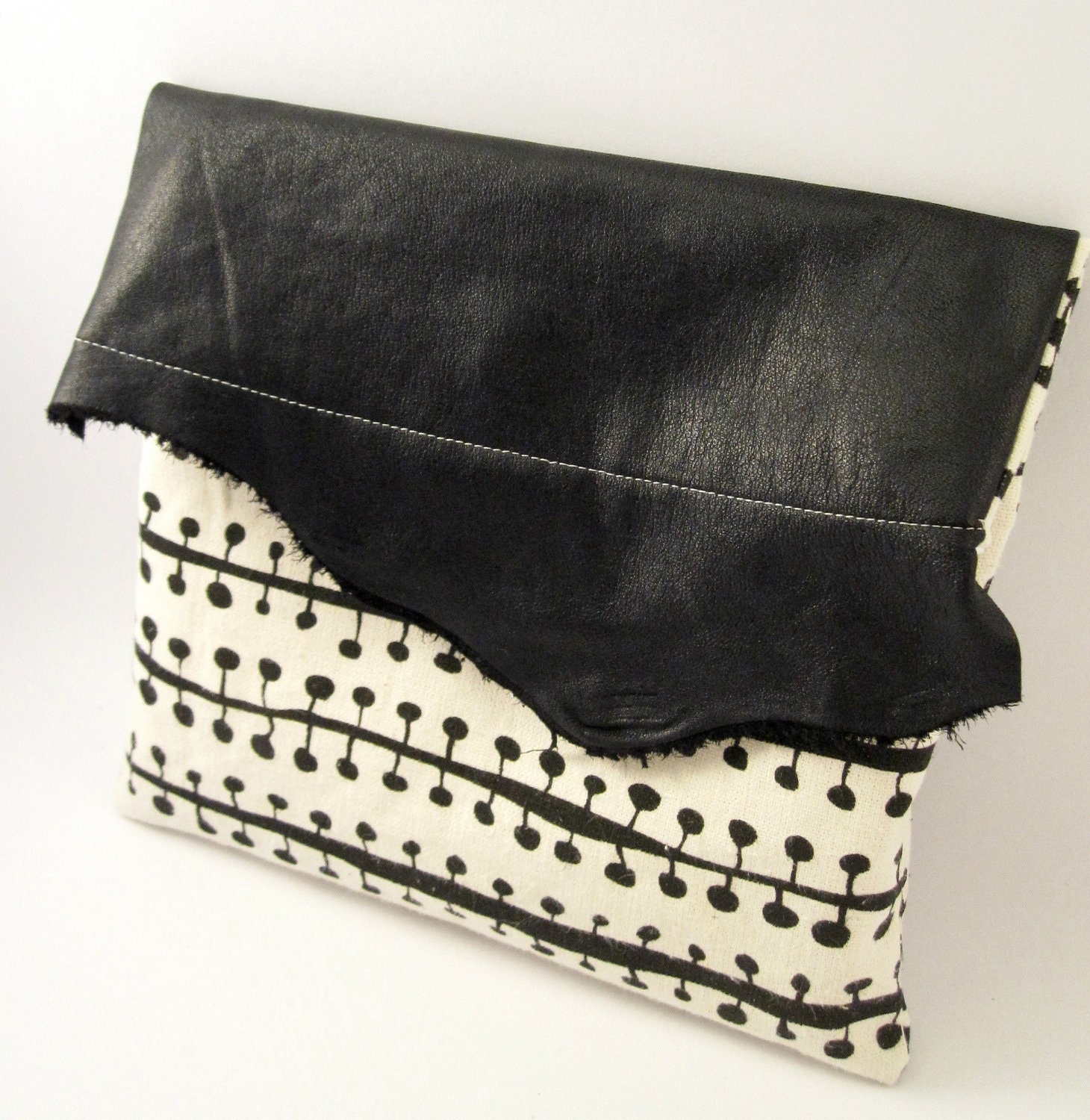 Graphic Black & Cream Clutch in Cotton and Leather  -  SALE