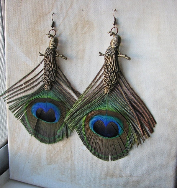 Long Feather Earrings Peacock Bronze Bohemian