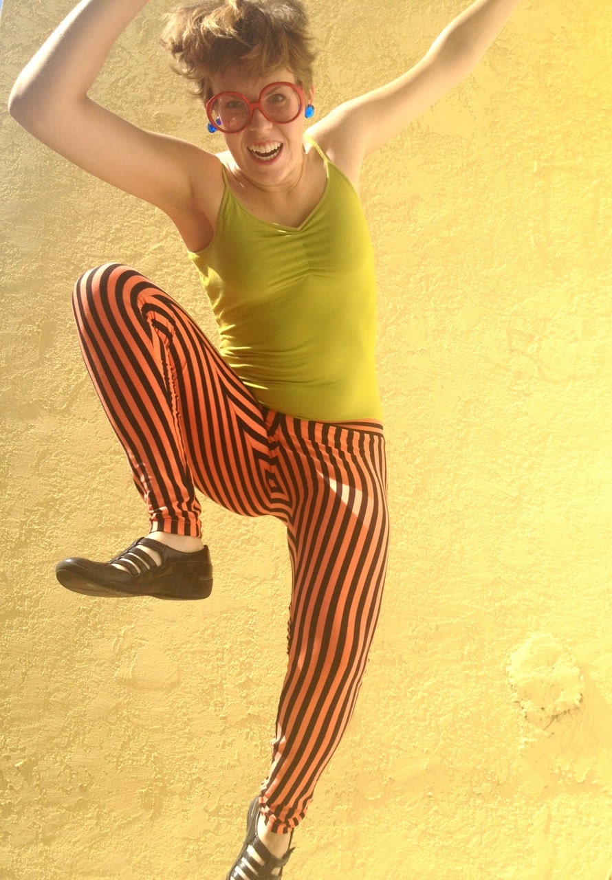 Great Pumpkin leggings with neon orange stripes (LARGE)