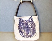 Handmade Wolf Tote with Vegan Leather Strap. Woodblock Printed. Made to Order.
