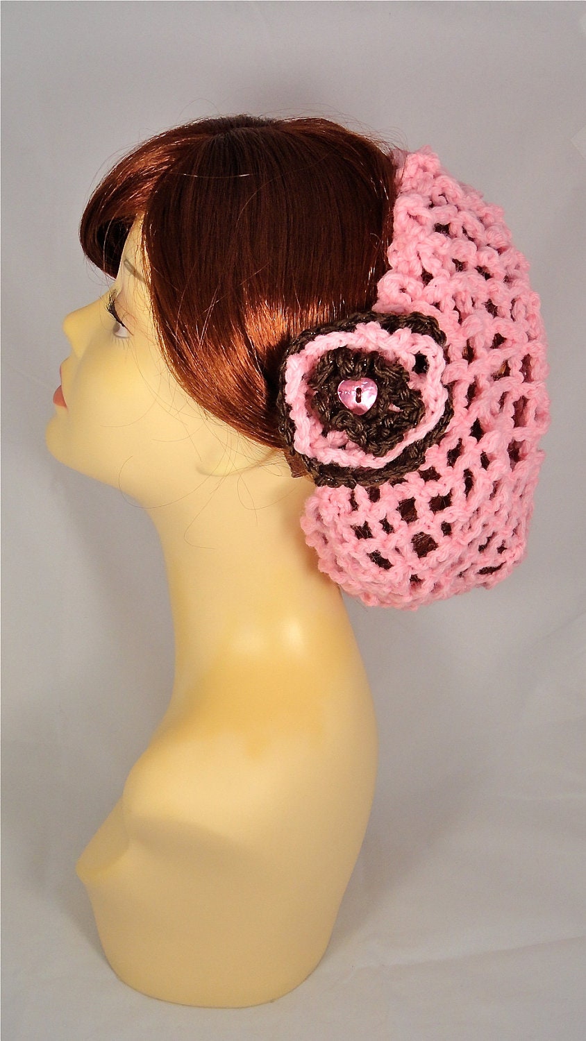Handmade Rose Pink Vintage-Style Snood with matching flower clip
