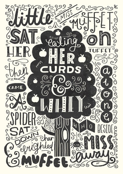A4 Art Print - "Illustrated Nursery Rhyme: Little Miss Muffet" - Art Print / Typography / Hand Lettering
