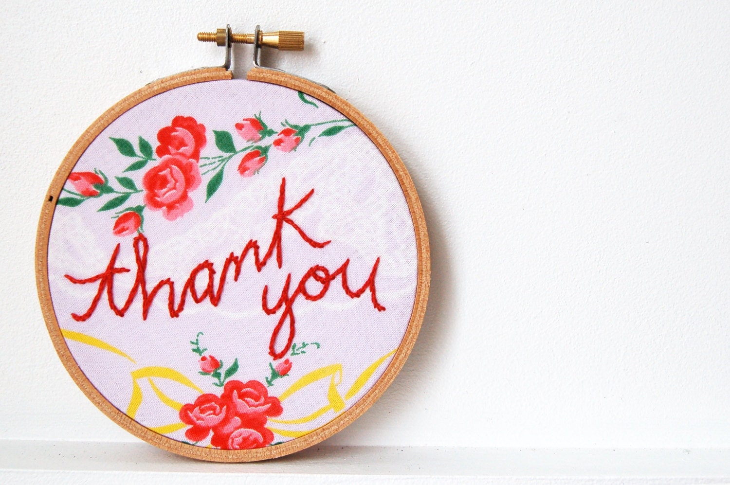 Embroidered Thank You Gift.  Embroidered Text on Floral Vintage Fabric in 4 Inch Wooden Embroidery Hoop. by Merriweather Council