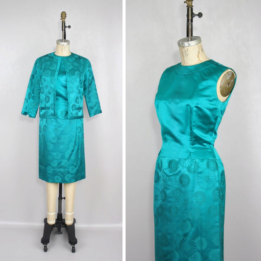 Vintage 1960s Silk Dress Three Piece Set in Teal Green Brocade / Wiggle Skirt Jacket & Blouse
