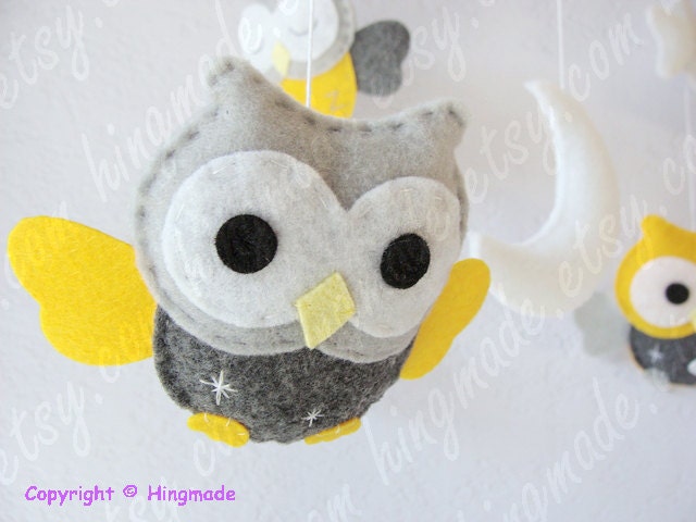 Baby Crib Mobile -  Owl Modern Mobile - Nursery Mobile - Felt Mobile - Yellow  Gray Owls in a starry night  (U can pick colors)