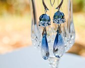 Ocean Blue Crystal and Silver Filigree Dangle Earrings - Dramatic Elegance