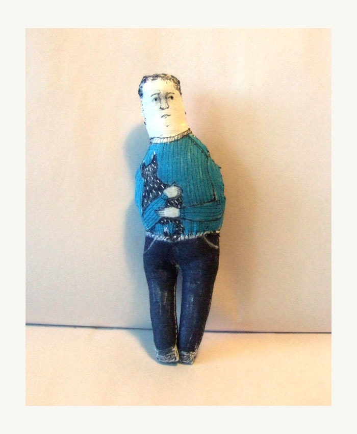 MAN with a CAT art doll original fabric textile