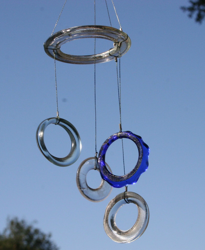 blue  and clear recycled glass from bottles wind chime mobile