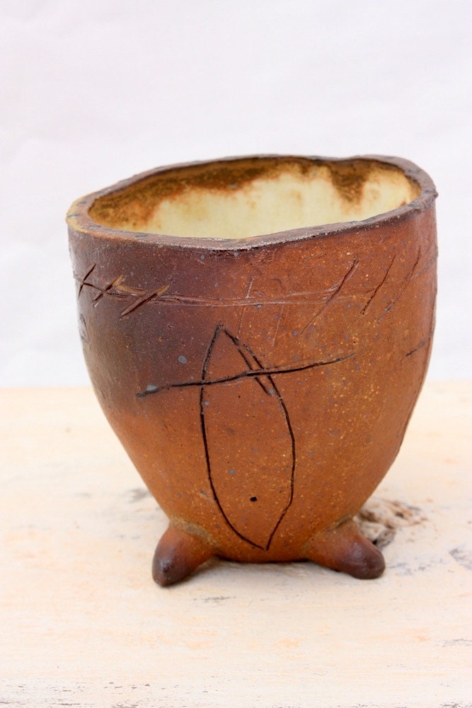 Ceramic Wood-fired Footed Cup with Abstract Carving