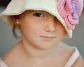 1T/2T or 2T/4T Bucket Style Beanie crocheted hat Soft Ecru with Flower and accent stripes in Lavender, Soft Pink, Sage, and Pink