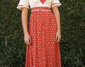 Lovely 1970s Red and White Prairie Dress -- Extra Small - Small
