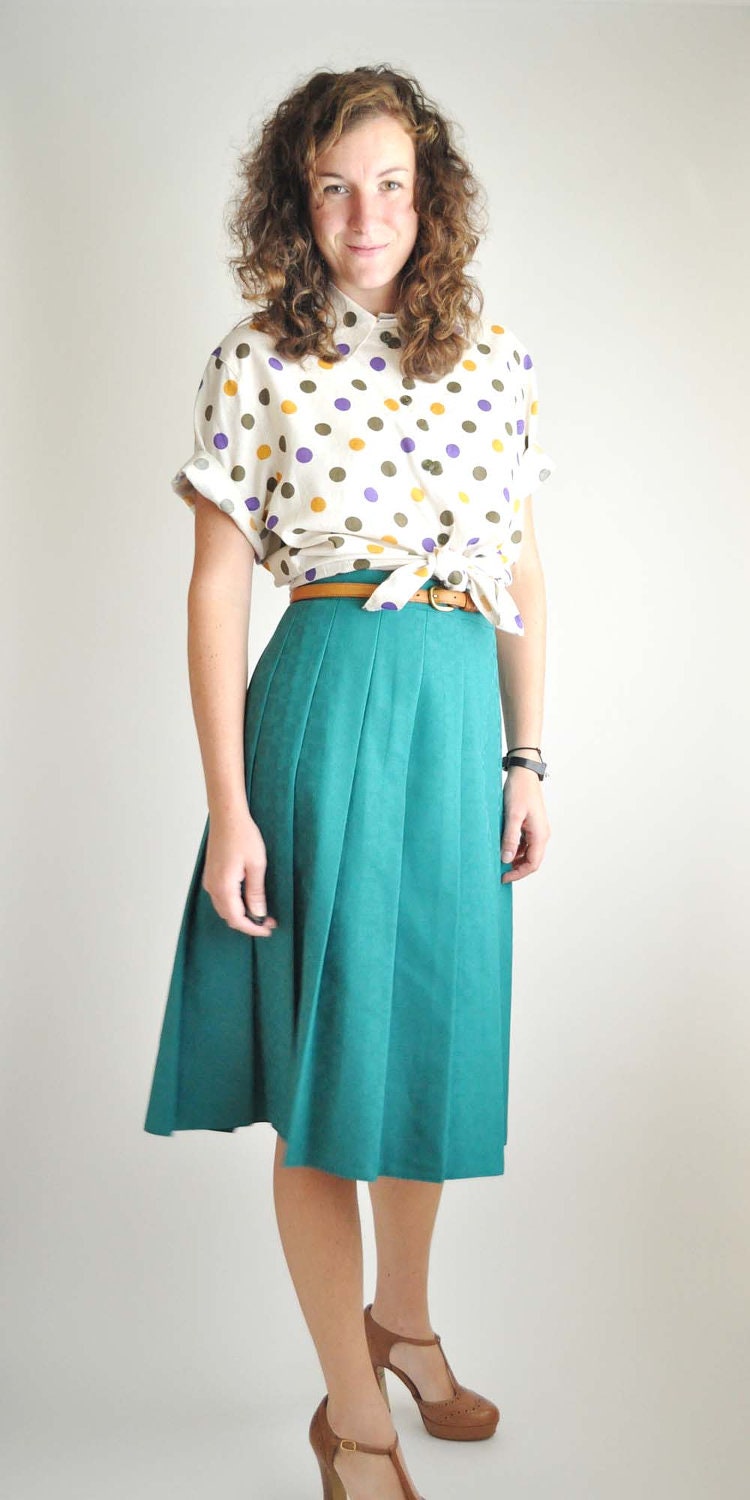 Teal Pleated Vintage Skirt - OliveGreenAnna