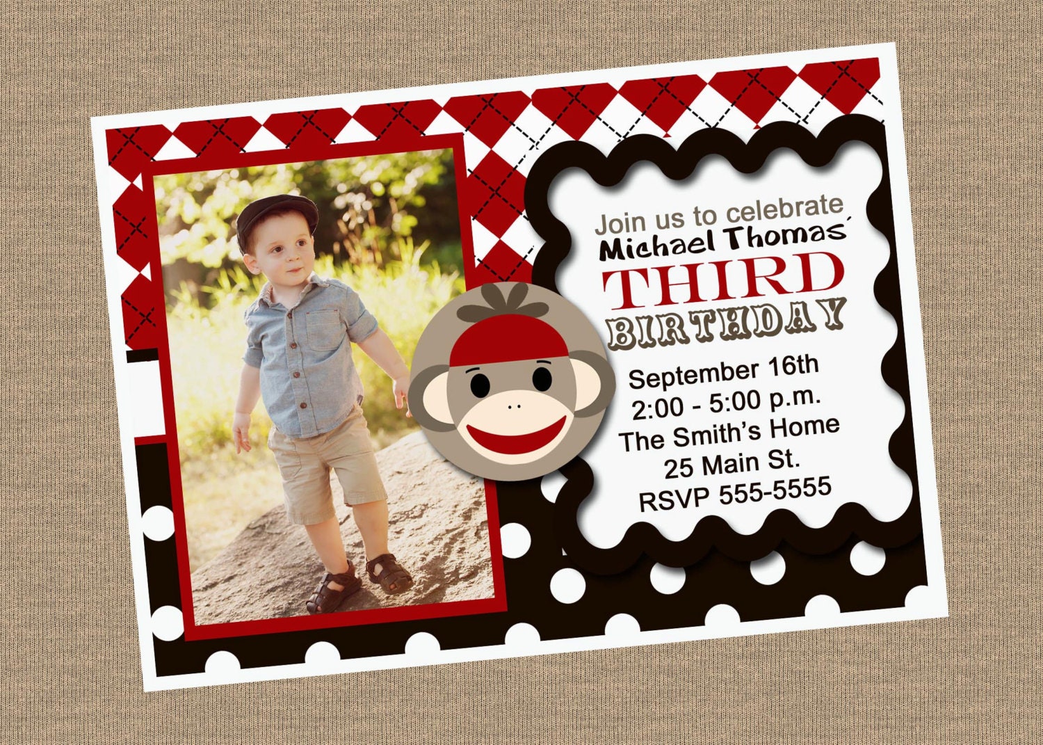 Sock Monkey Birthday Invitation with Photo Il_570xn