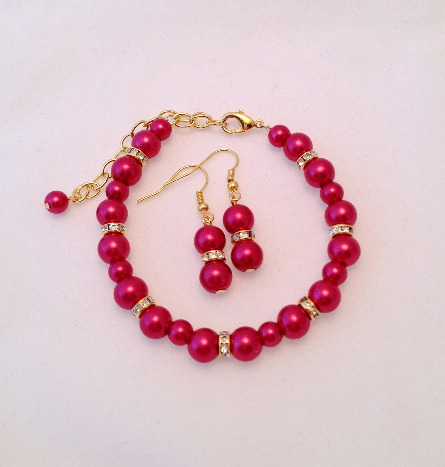 Red Bridesmaids Bracelet and Earrings Set - Red Pearls and Crystal Spacers with Gold Accents