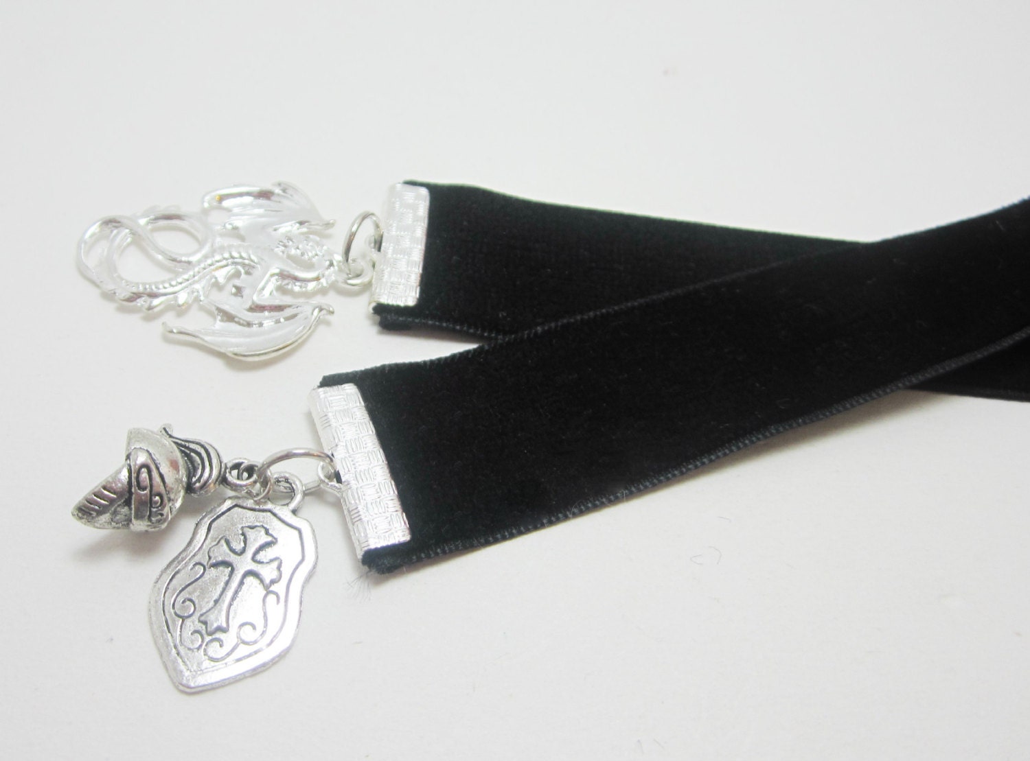 Fantasy Medieval Black Velvet Ribbon Bookmark Dragon Helmet and Shield Charms
