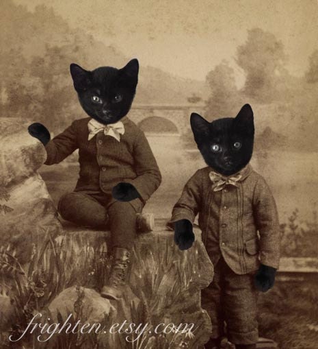 Black Cat Art, Mixed Media Collage Print, Kitten Boys, Altered Victorian Portrait of Twin Brothers