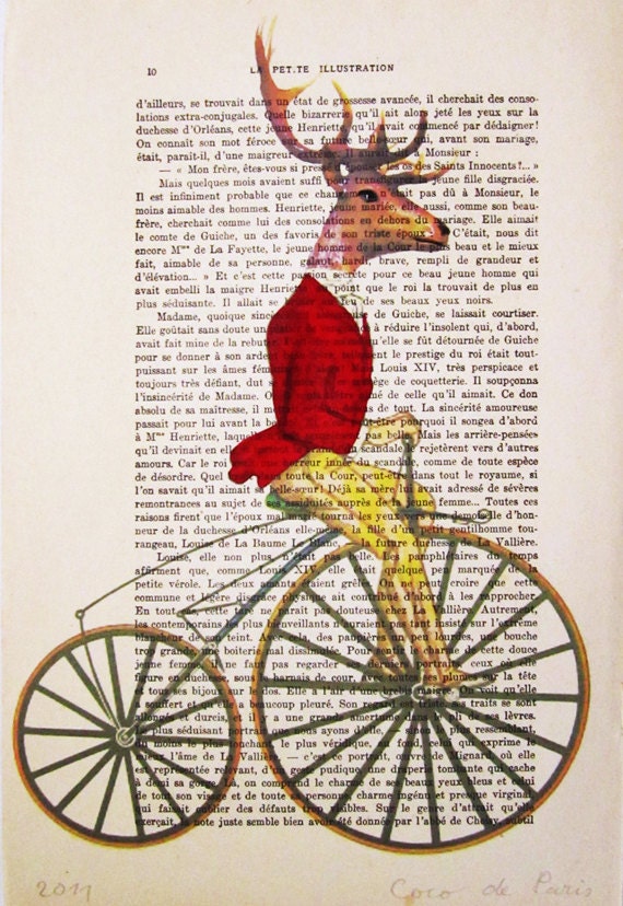 Classy deer in red - ORIGINAL ARTWORK Hand Painted Mixed Media on 1920 famous Parisien Magazine 'La Petit Illustration' by Coco De Paris