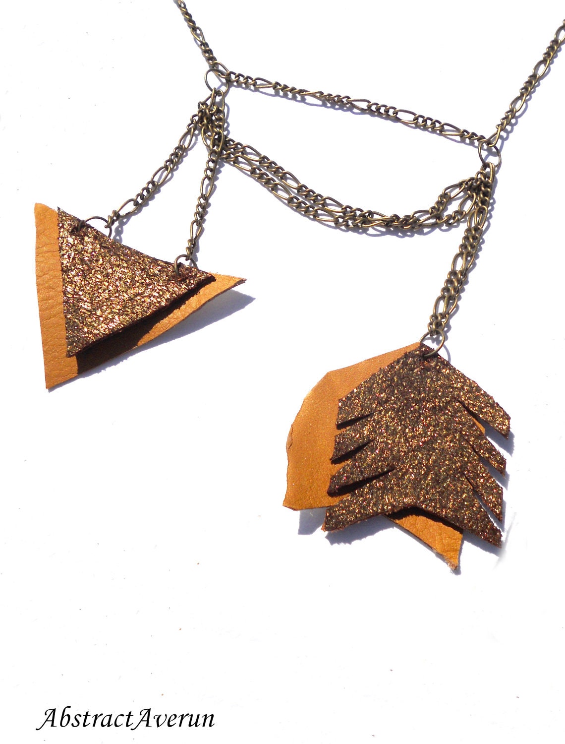 Leather Arrow Necklace - Metallic Leather Fringe, Brown, Tribal, Abstract - Brass Necklace 20"